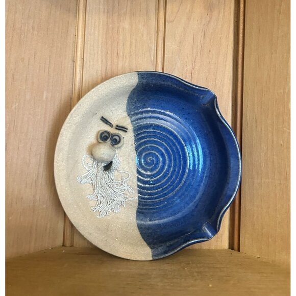 Vintage Ugly Face Signed Trinket Dish Ashtray Pottery Dish Blue Beige Glaze Uniq - Picture 1 of 5